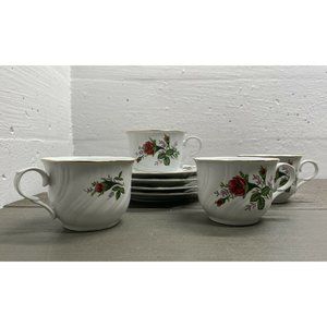 Set Of (4) Lynns Fine China Victorian Rose Coffee Tea Cup and Saucer Gold Trim